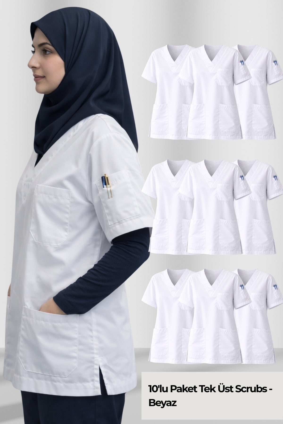 Beyaz tesettür scrubs forma kadın model, pamuklu medikal scrubs üst, doktor ve hemşire için rahat scrubs üniforma