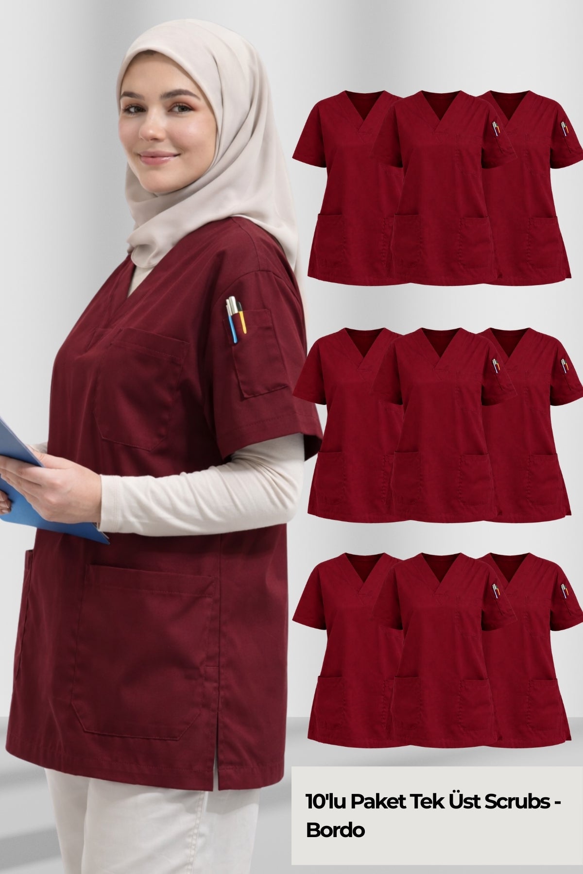 Bordo kadın scrubs forma, tesettür scrubs model, pamuklu medikal üniforma üst, doktor ve hemşire scrubs kıyafet