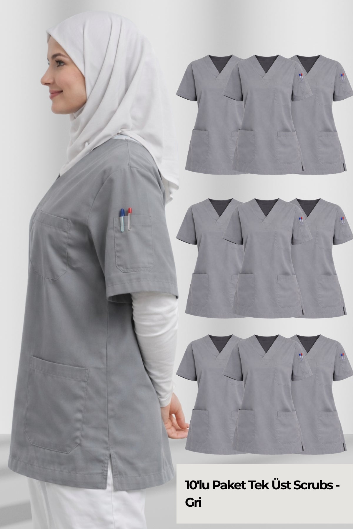Gri kadın scrubs üst modeli, pamuklu medikal scrubs forma, doktor ve hemşireler için modern scrubs üniforma