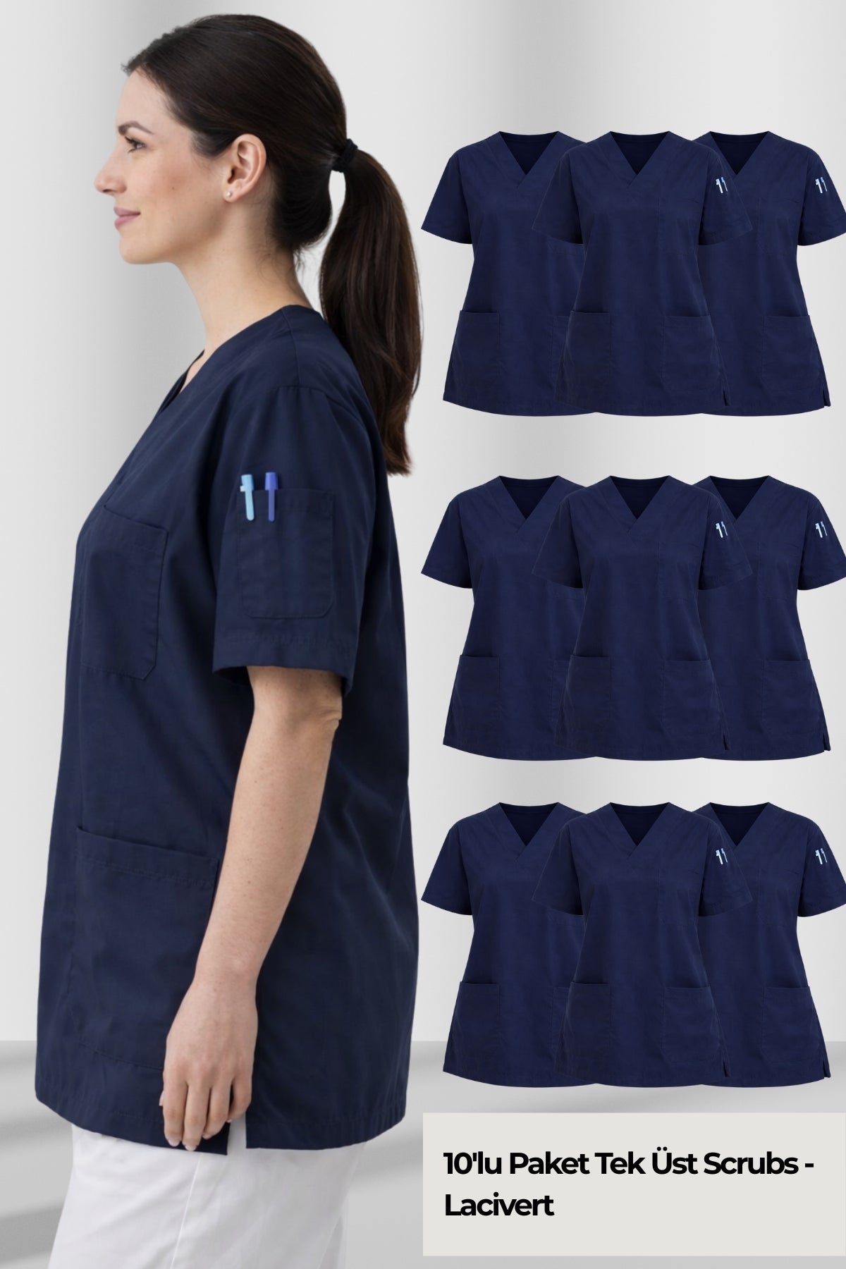 Lacivert scrubs forma kadın medikal üniforma rahat kesim doktor hemşire kıyafeti