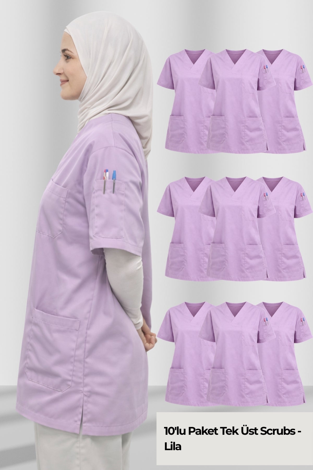 Lila tesettür scrubs forma kadın, pamuklu doktor scrubs üst, modern ve rahat scrubs üniforma modeli