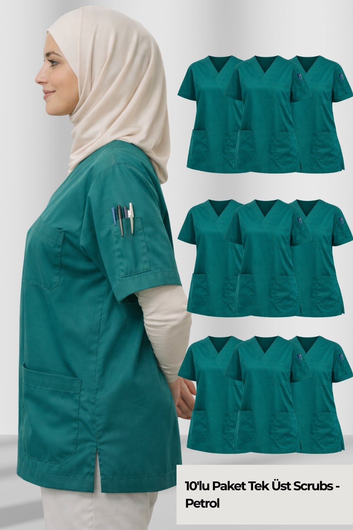 Petrol mavisi tesettür scrubs forma kadın, pamuklu medikal scrubs üst model, rahat kesim doktor hemşire üniforma