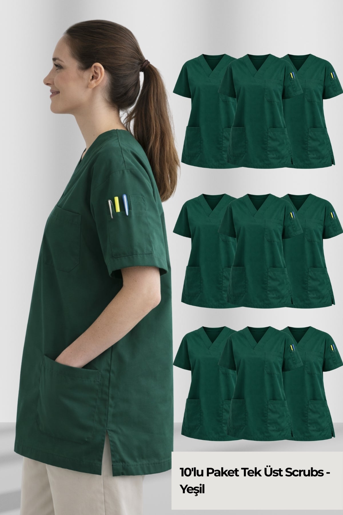 Yeşil scrubs forma kadın model, pamuklu medikal scrubs üst, doktor ve hemşire için konforlu scrubs üniforma