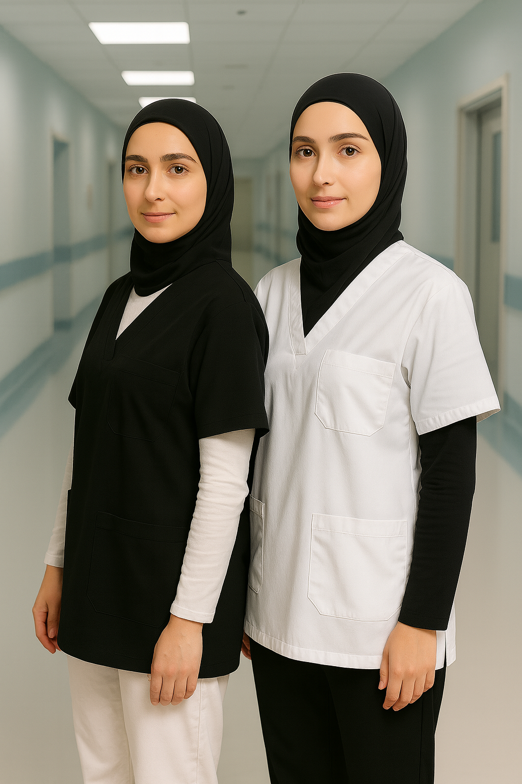 Kadın scrubs takım siyah beyaz, pamuklu medikal forma, doktor ve hemşire için şık scrubs modeli