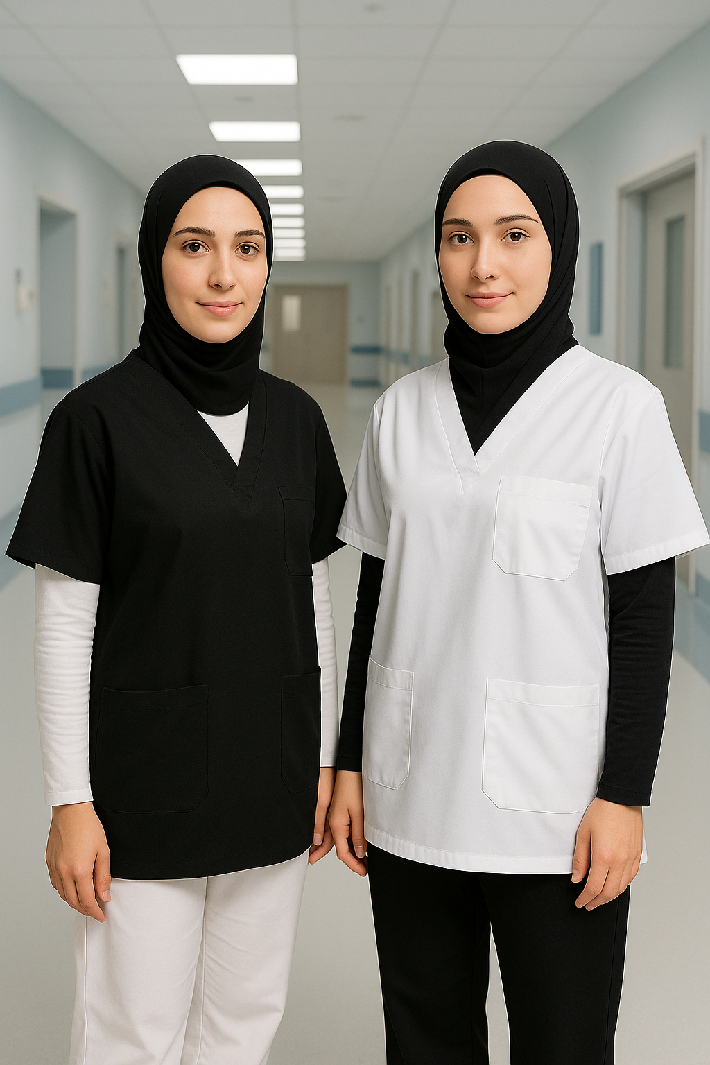 Tesettür scrubs kadın, uzun kollu içlik ile kombinlenmiş siyah ve beyaz medical scrubs forma