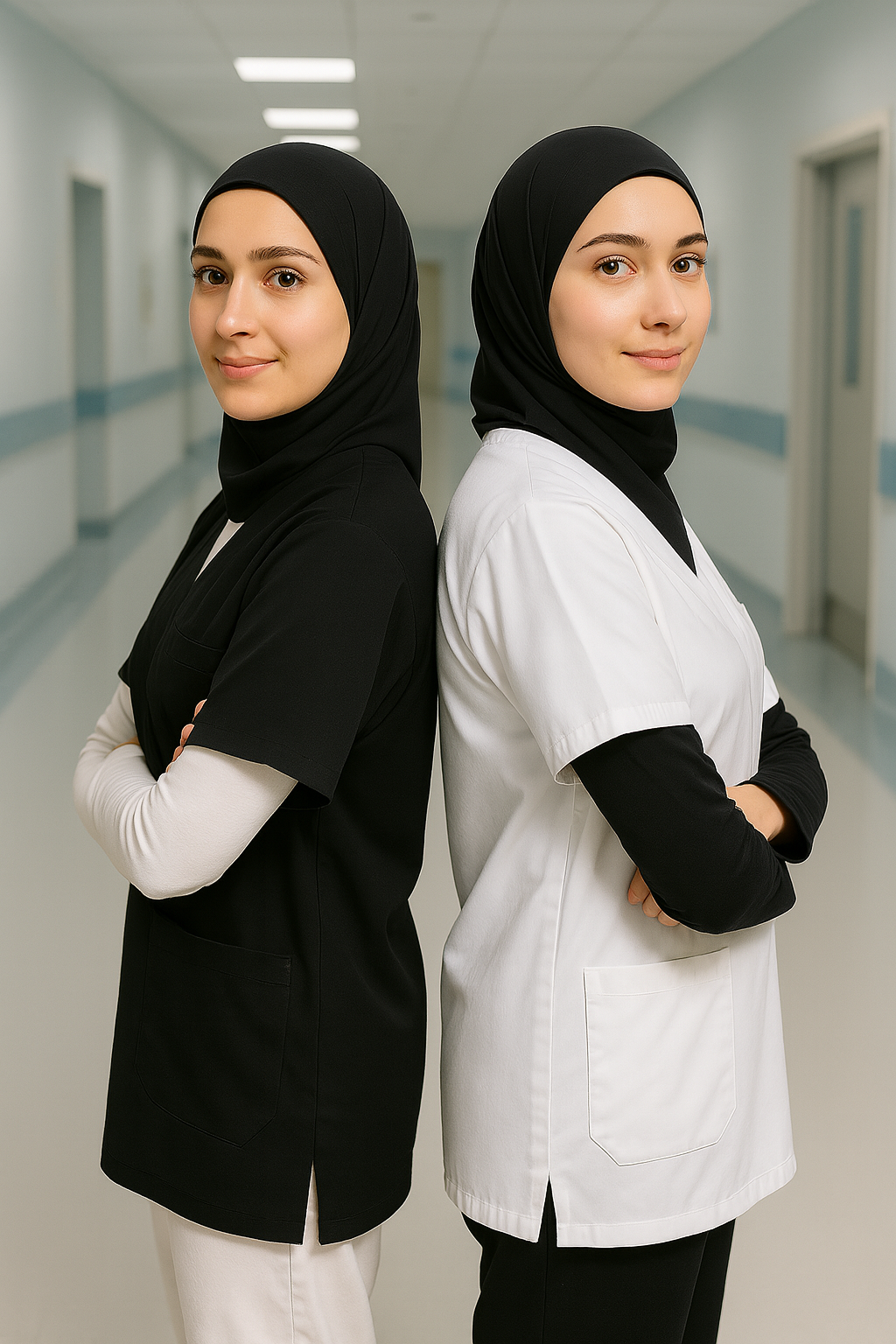 Siyah ve beyaz kadın scrubs forma modeli, tesettür uyumlu medikal scrubs üniforma modern tasarım