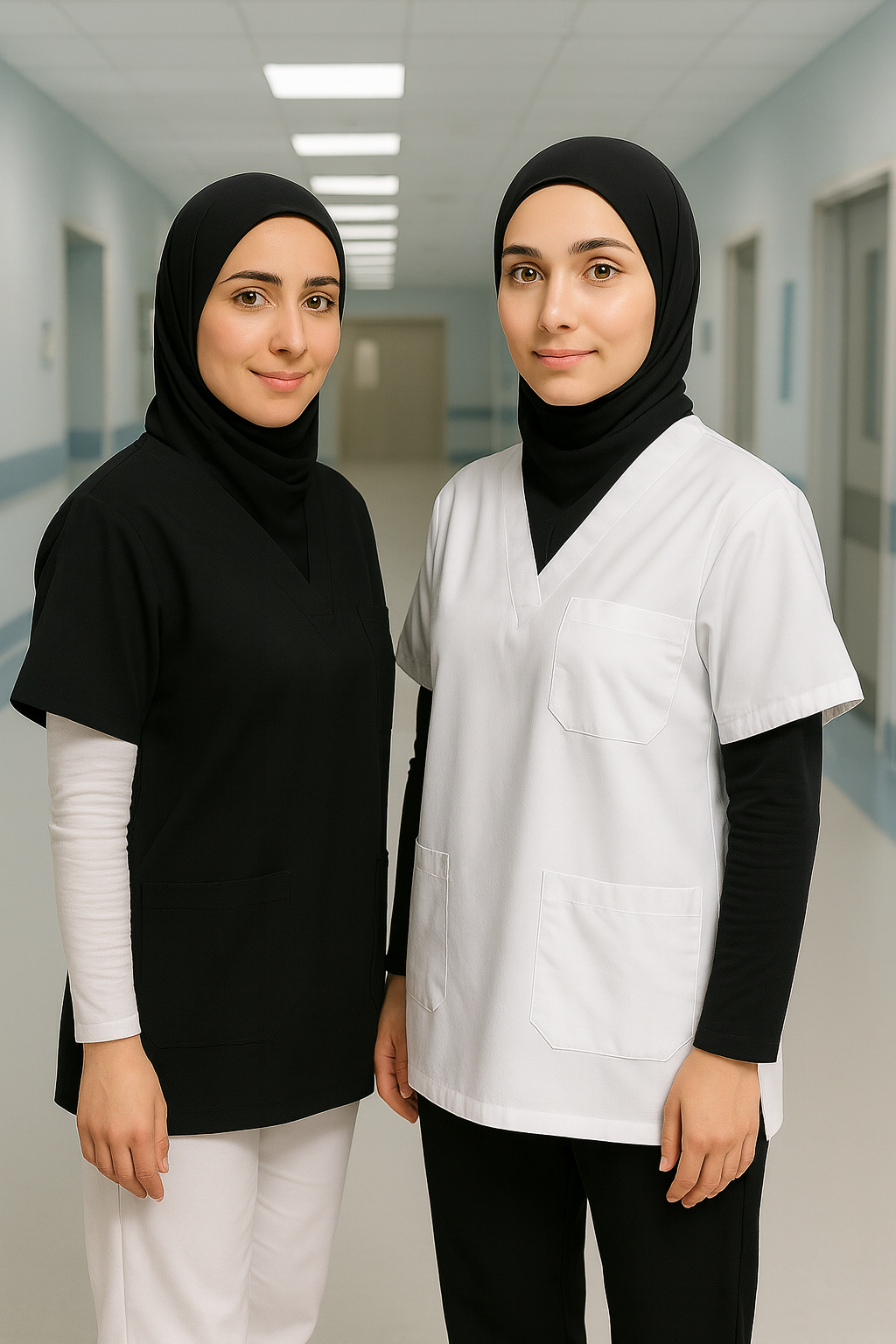 Modern scrubs üniforma kadın, beyaz scrubs üst ve siyah scrubs forma kombinli hastane kıyafeti