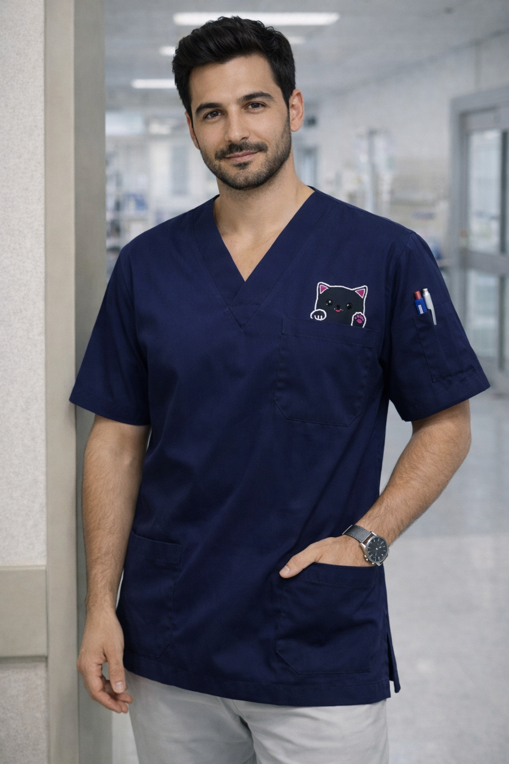 Lacivert erkek scrubs forma modeli, veteriner scrubs ve doktor scrubs üniforma tasarımı, modern medical scrubs üst modeli