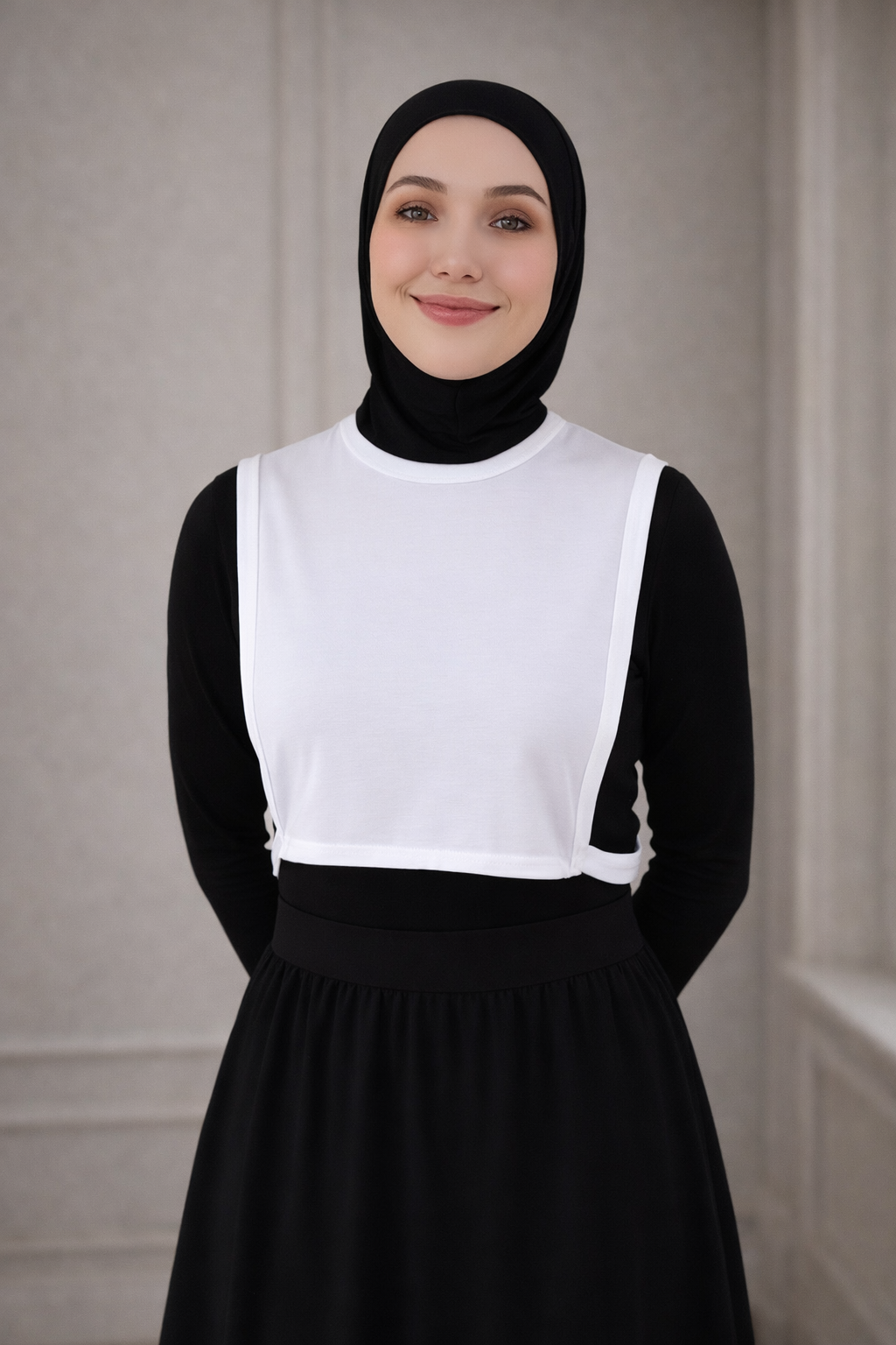 Tesettür kolluk ve boyunluklu kolluk modeli beyaz siyah penye kadın kolluk kombin görünümü