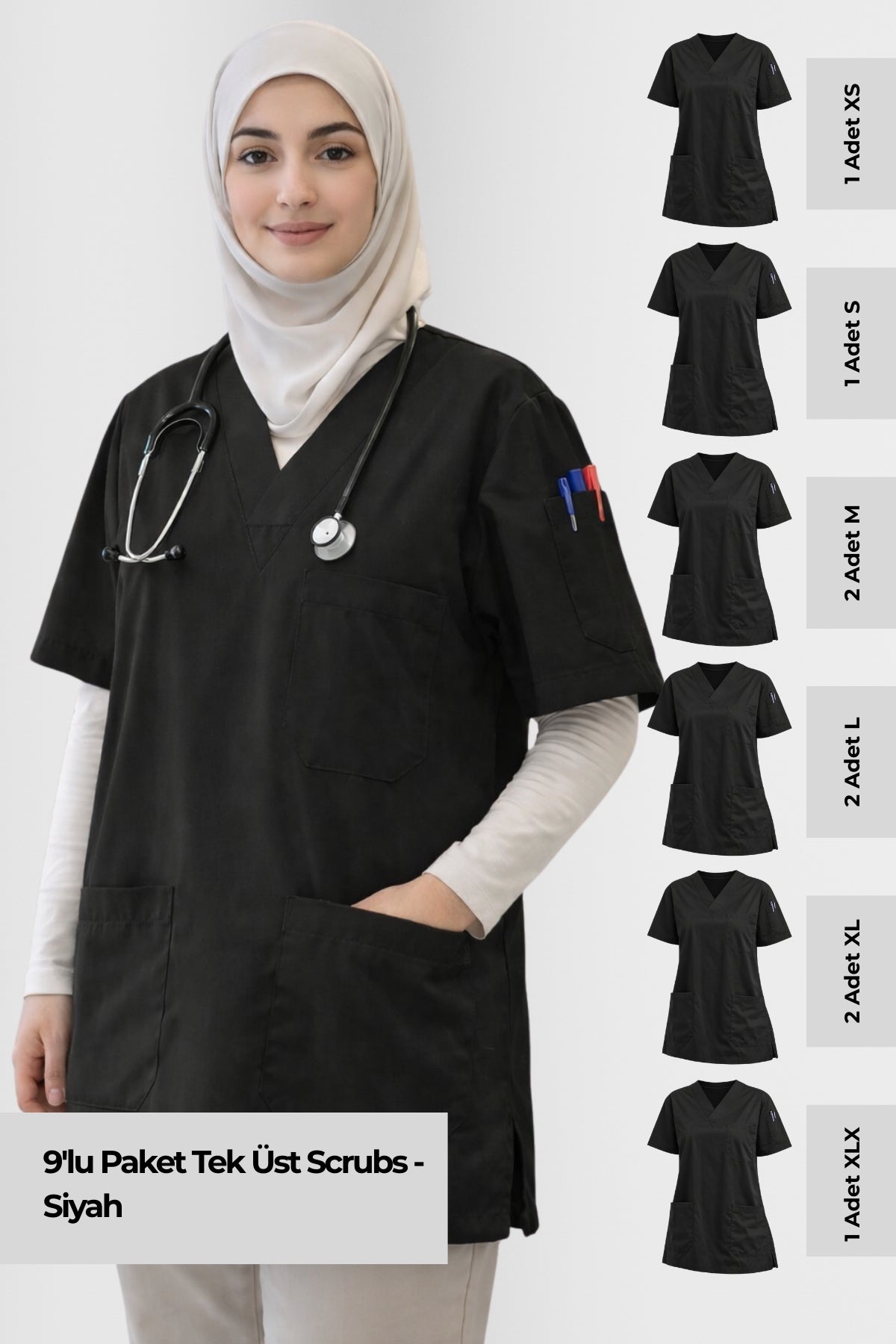 siyah scrubs polo yaka scrubs üst şık medikal forma