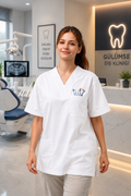 Diş Hekimi Özel Nakışlı Beyaz V Yaka Scrubs