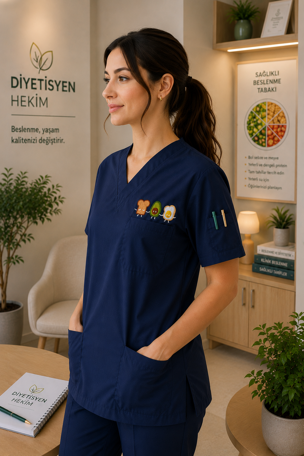 Diyetisyen Özel İşlemeli Lacivert V Yaka Scrubs