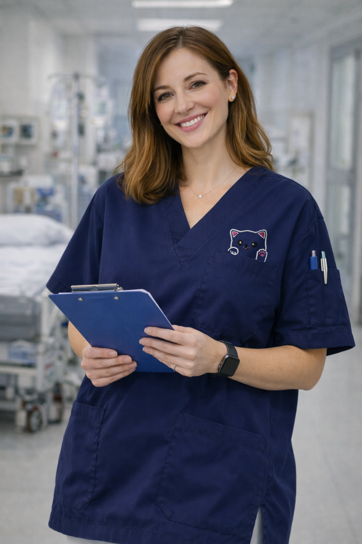Lacivert kadın scrubs forma modeli, veteriner scrubs ve doktor scrubs üniforma tasarımı, modern medical scrubs üst modeli