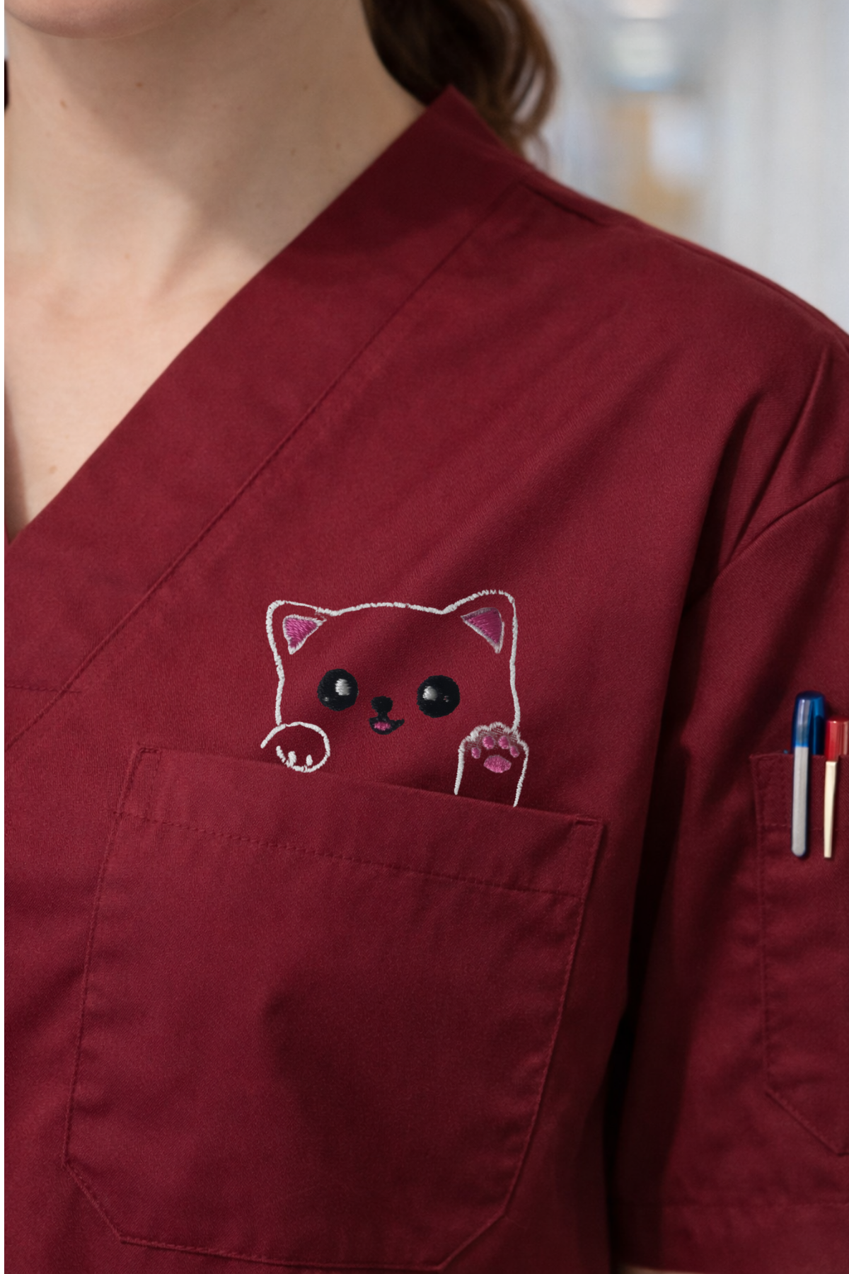 Bordo scrubs takım üst modeli, scrub hemşire forması, veteriner scrubs ve medical scrubs üniforma stili