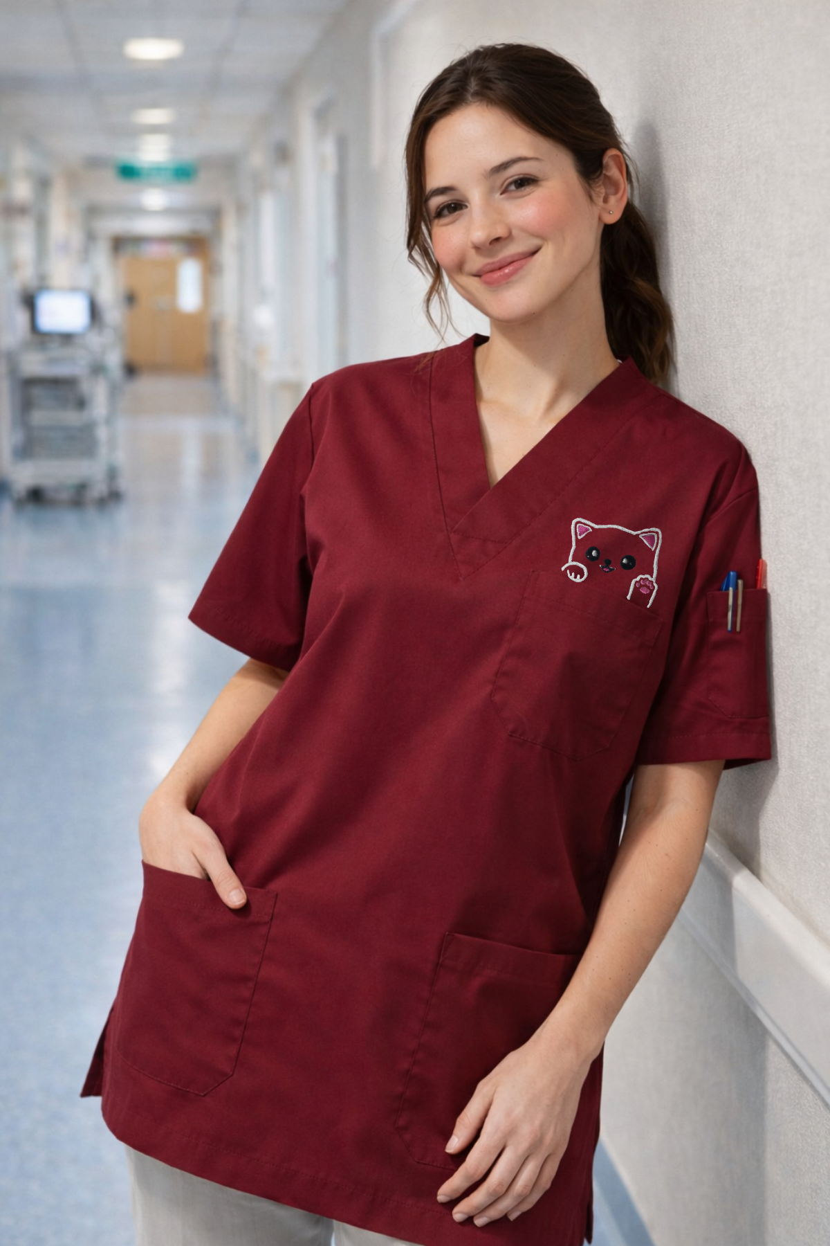 Bordo medical scrubs kadın üst modeli, scrub doktor forması, şık scrubs kıyafet ve veteriner scrubs üniforma detayı