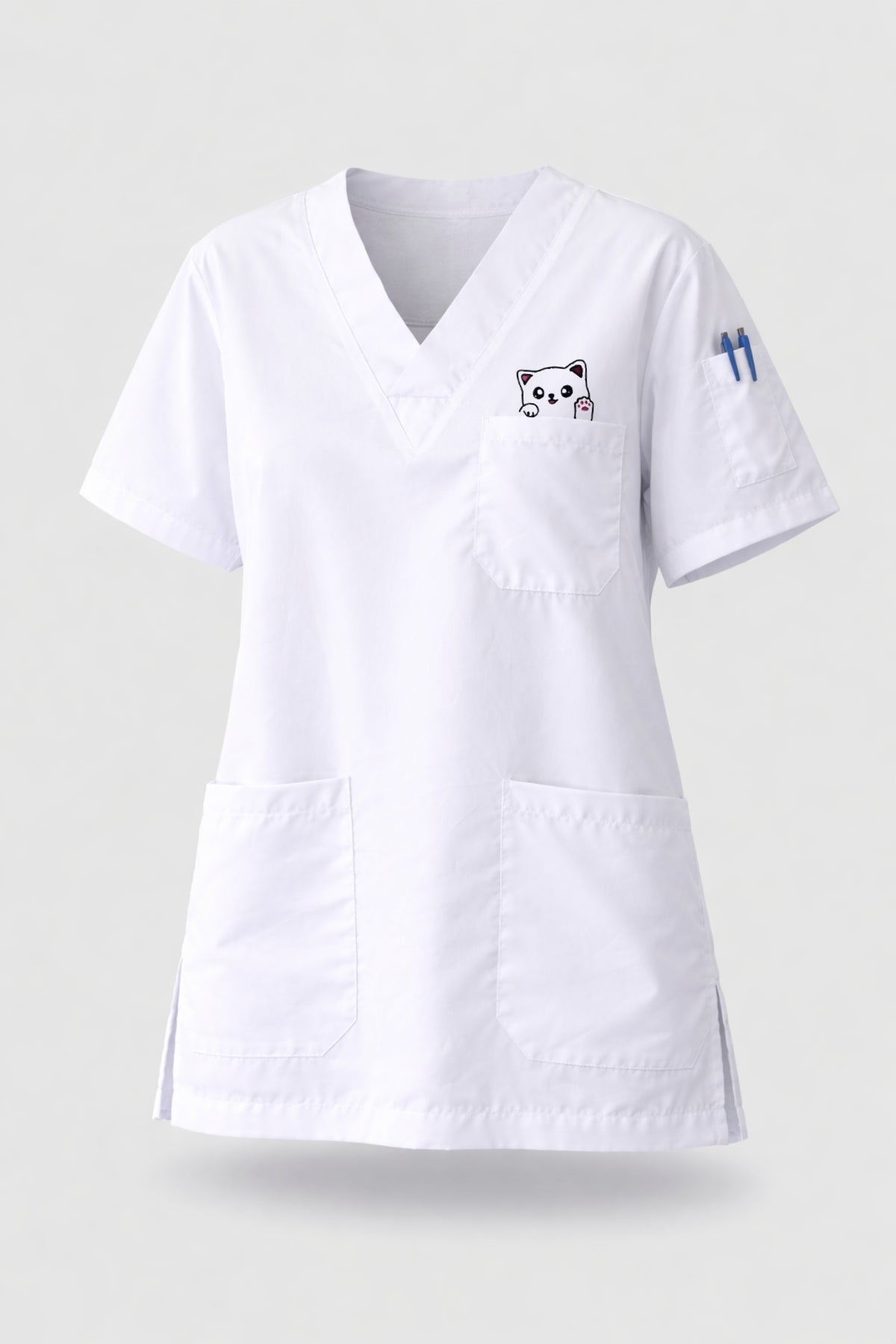 Beyaz scrubs forma kadın, çizgi medikal scrubs modeli, doktor scrubs üniforma modern tasarım