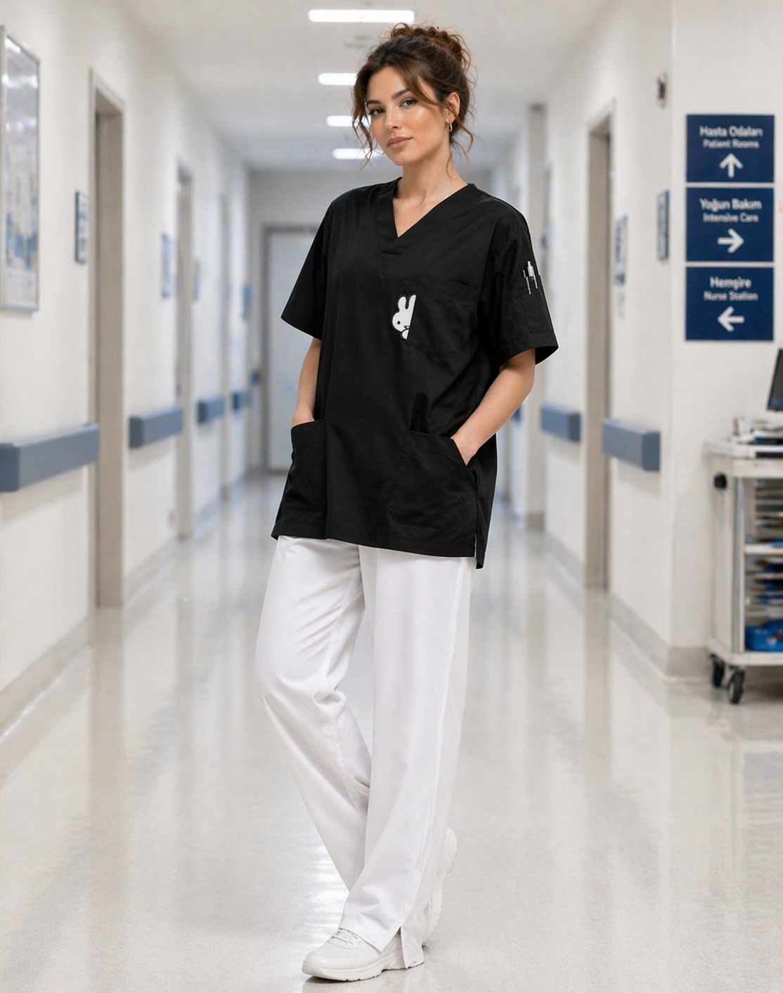 Kadın scrubs uniform hastane koridorunda, siyah scrub forma üst ve beyaz ispanyol paça scrubs pantolon modeli