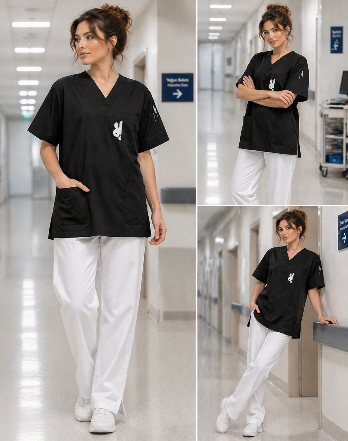 Modern sağlık çalışanı için siyah scrubs takım, doktor scrubs kıyafet modeli, pamuklu scrubs forma kadın kombin