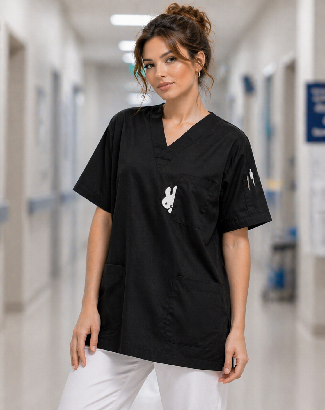 Hastane ortamında kadın medical scrubs üniforma, siyah scrubs üst, beyaz scrubs pantolon ve rahat scrub forma tasarımı
