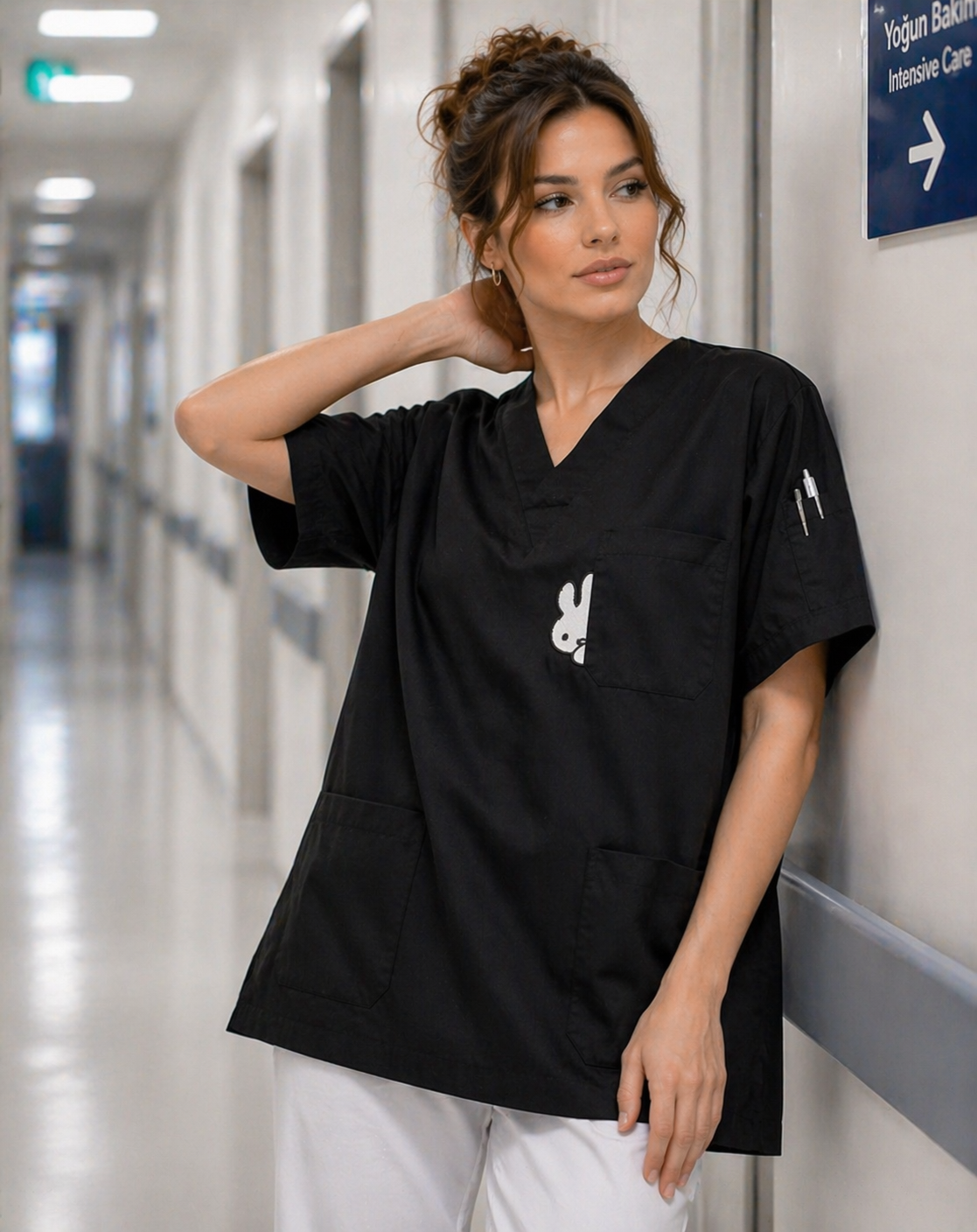 Şık ve rahat kadın scrubs modelleri, siyah scrub doktor forması, veteriner scrubs ve cerrahi scrubs stilinde kombin