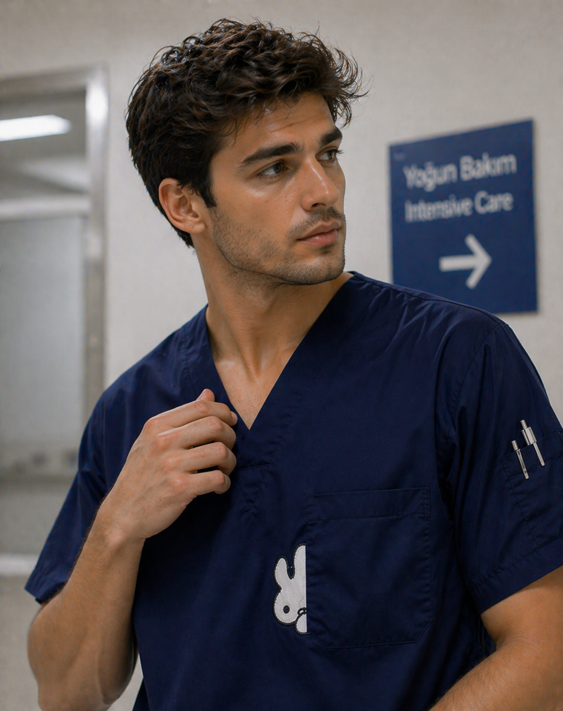 Erkek sağlık çalışanı için lacivert cerrahi scrubs forma rahat kesim medical scrubs kıyafet modeli