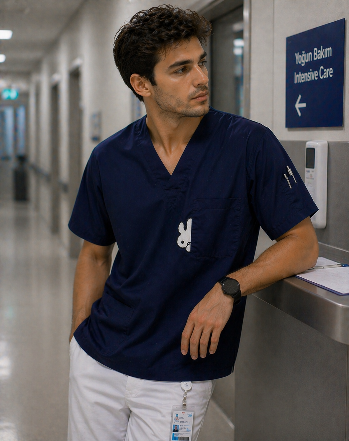 Lacivert erkek scrubs forma giyen doktor hastane koridorunda modern medical scrubs üniforma modeli