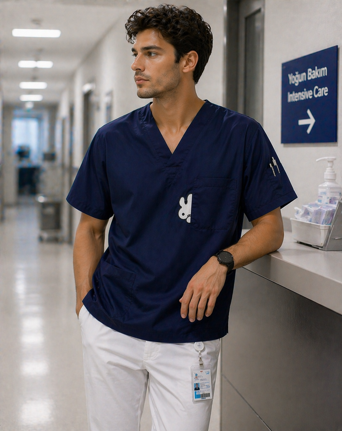 Şık erkek scrubs forma modeli lacivert veteriner scrubs ve doktor scrubs üniforma tarzı tasarım