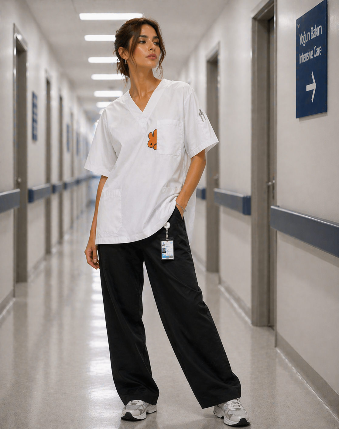 Desenli scrubs kadın modeli beyaz renk doktor scrubs forma kombinasyonu