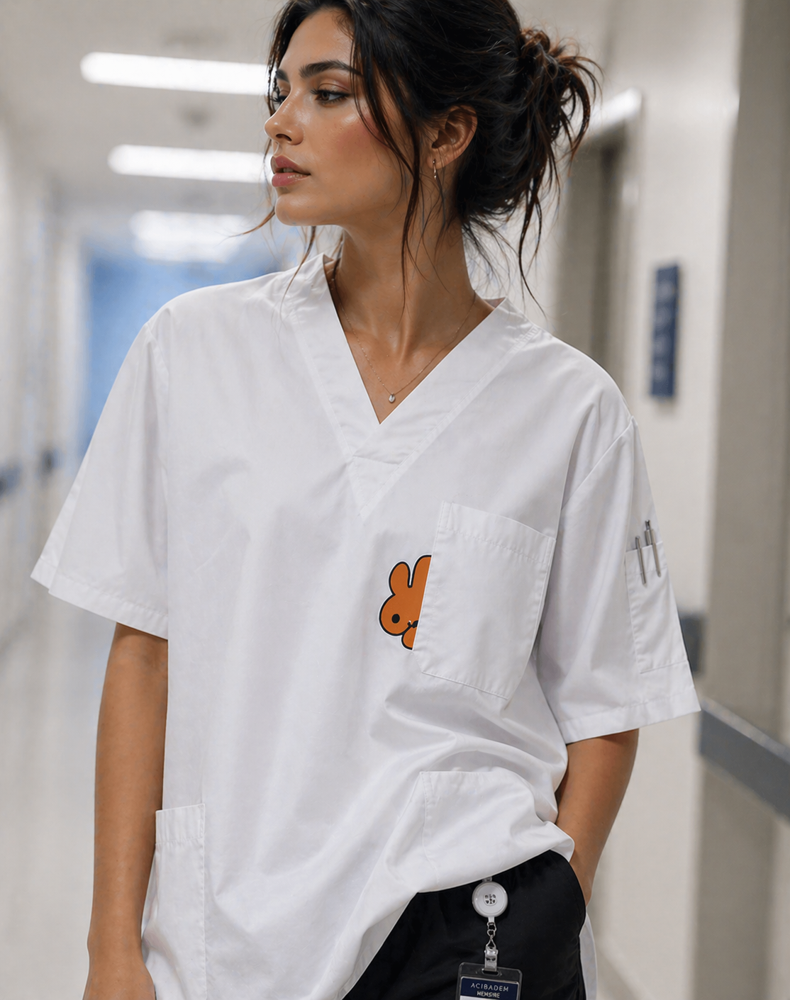 Beyaz kadın scrubs forma modeli, veteriner scrubs ve medical scrubs üst tasarımı
