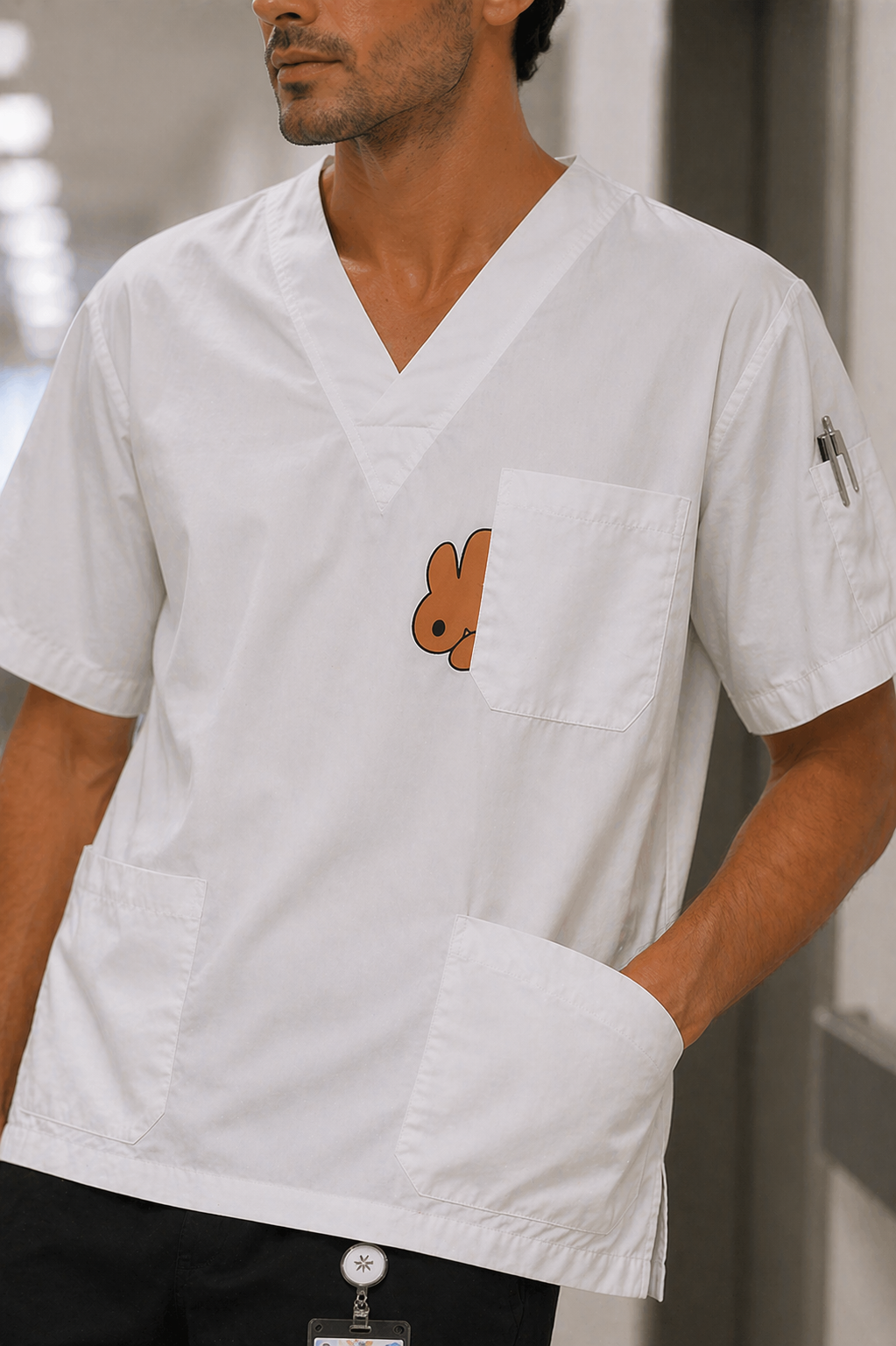 Erkek doktor scrubs forma beyaz V yaka scrubs üst ve siyah pantolon medikal üniforma modeli
