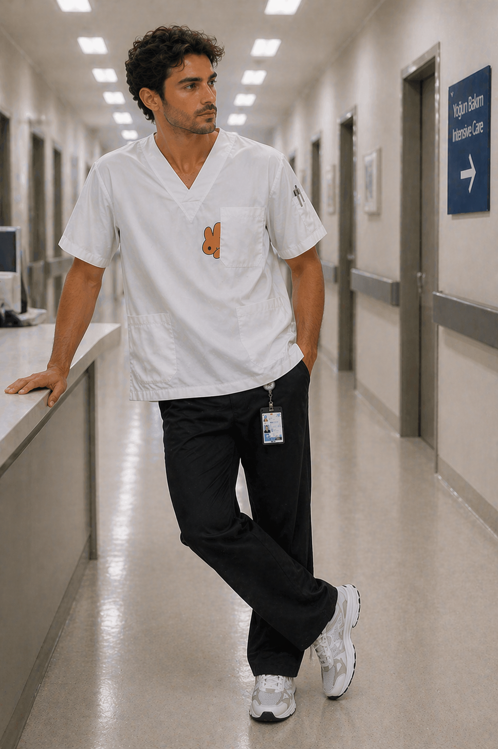 Erkek scrubs forma modeli beyaz üst ve siyah alt ile modern doktor scrubs üniforma kombini