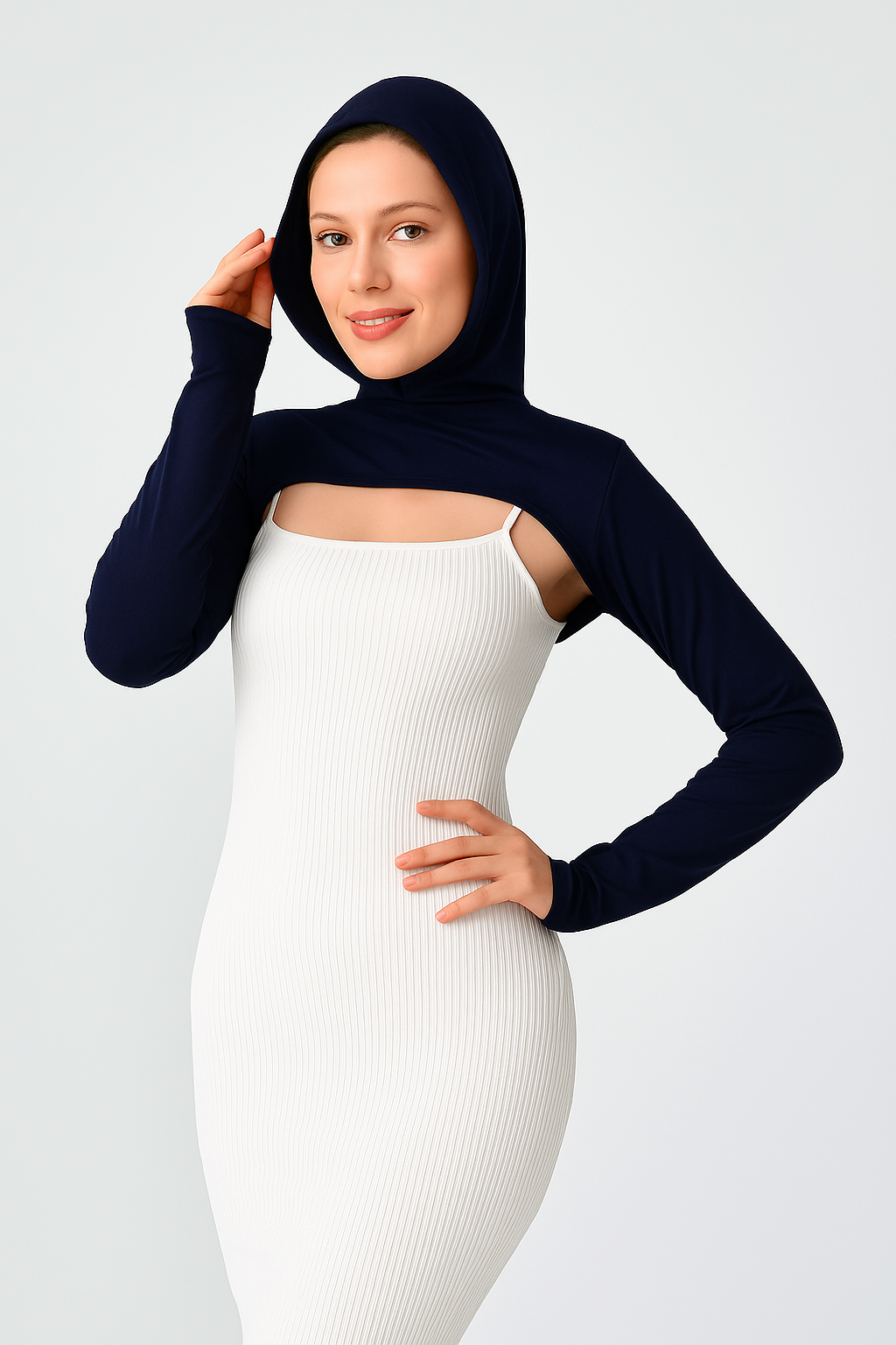 Lacivert tesettür kolluk modeli, boyunluklu kolluk tasarımı, penye uzun kolluk, kadın tesettür boyunluk ve kolluk kombin ürünü