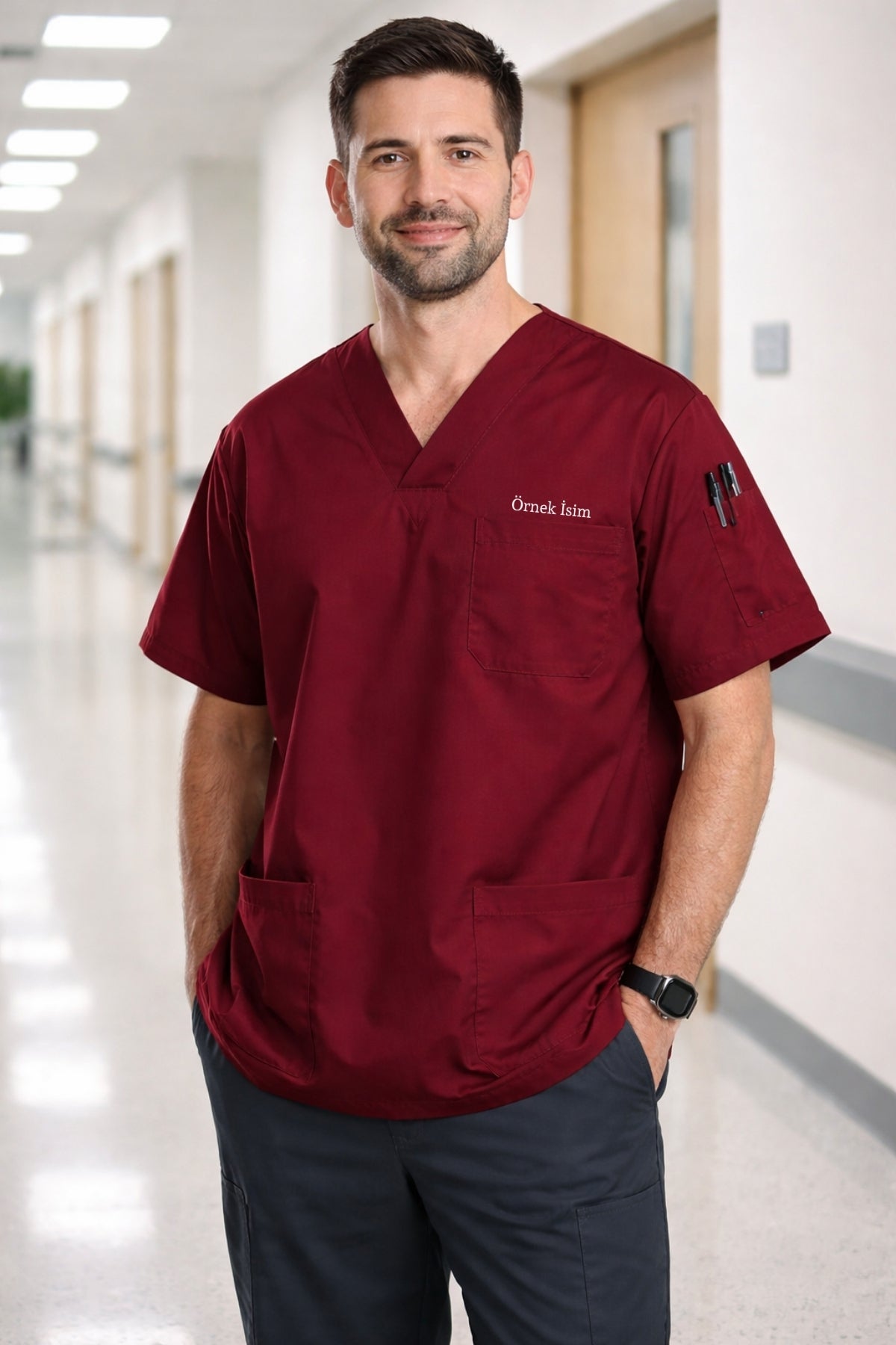 Bordo erkek scrubs forma, modern kesim doktor üniforma modeli