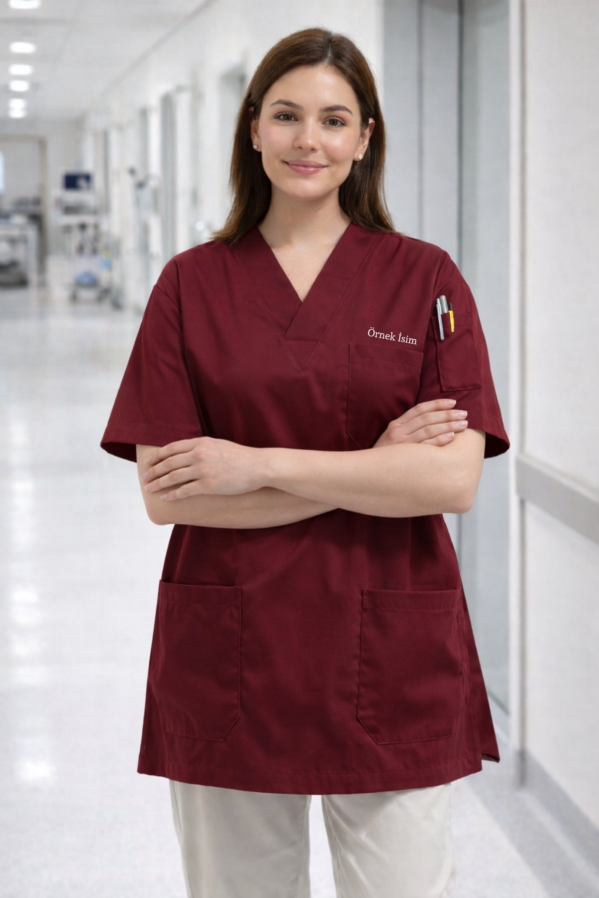 doktor scrubs bordo kadın scrubs forma büyük beden seçenekli tasarım