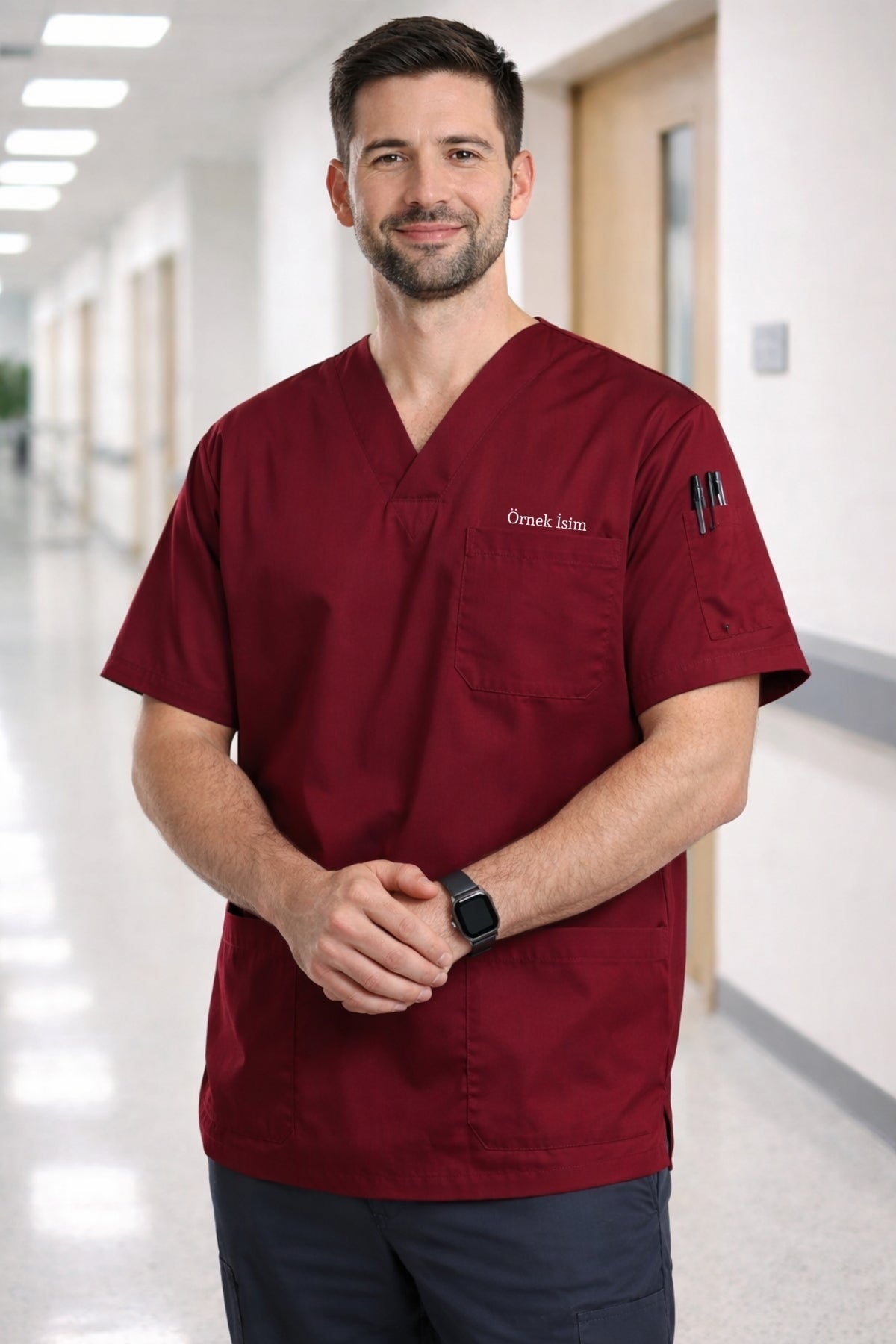 Erkek scrubs üst bordo renk, medikal uniform ve cerrahi scrubs tasarımı