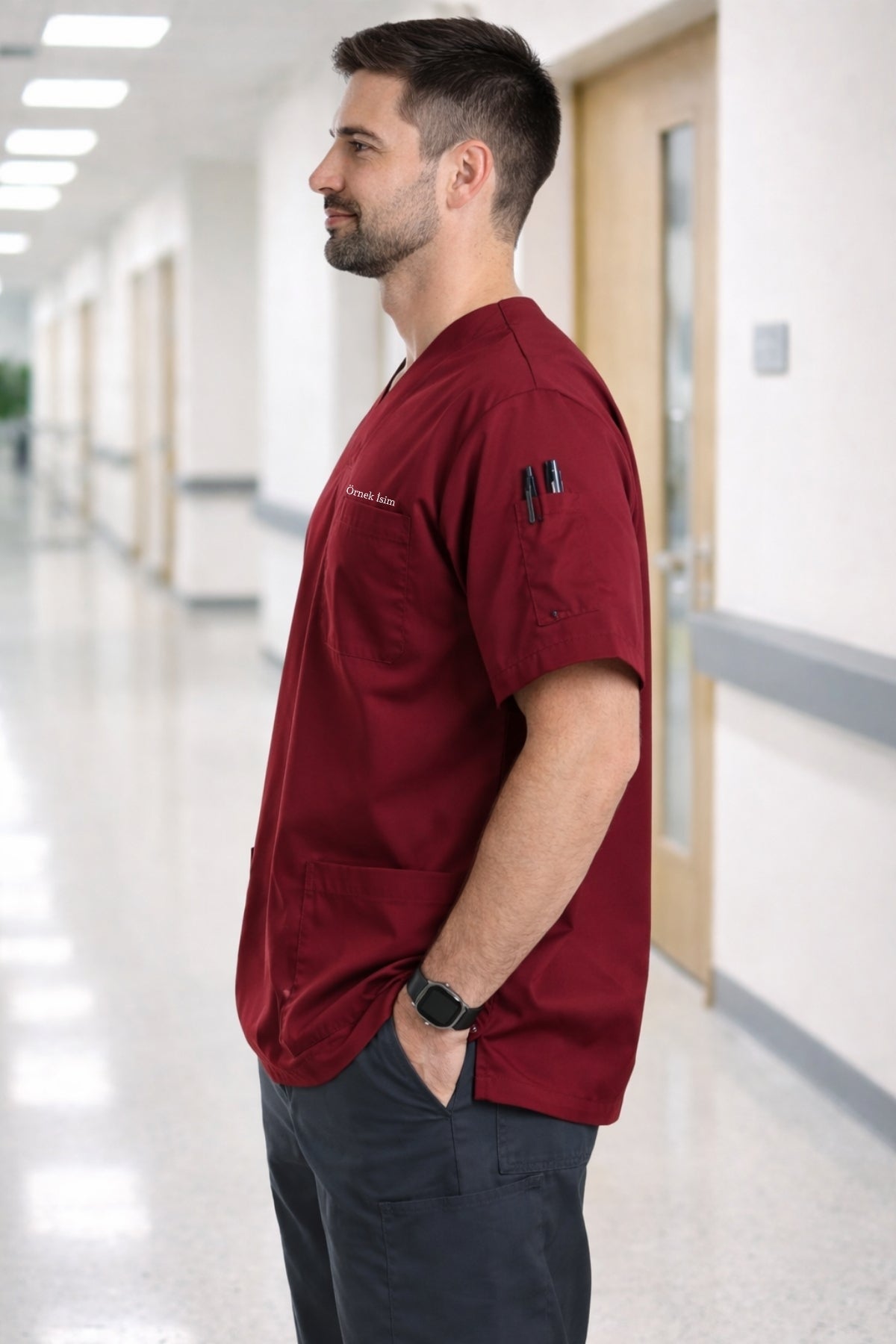 Bordo scrubs forma erkek, pamuklu medikal kıyafet ve doktor forması