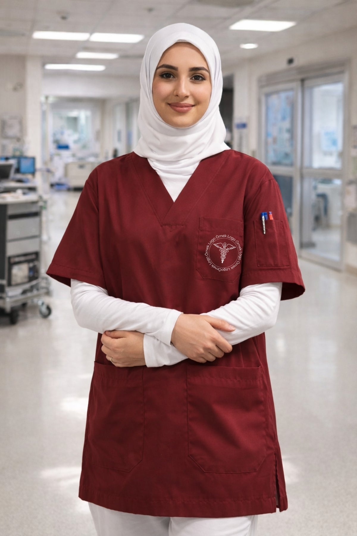Bordo scrubs forma kadın, pamuklu scrubs üniforma, hemşire ve veteriner scrubs kıyafeti, medikal giyim