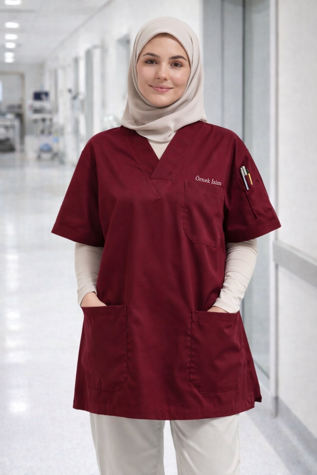 kadın scrubs bordo medikal forma doktor hemşire scrubs üst model