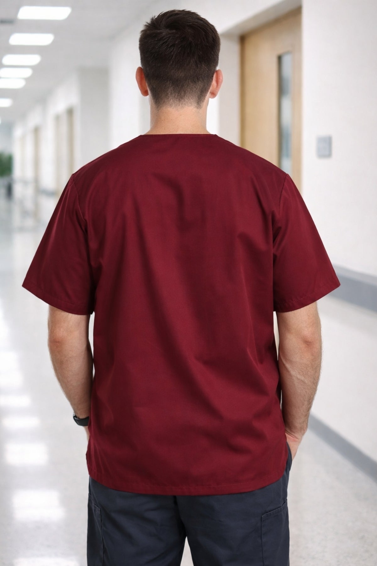 Bordo scrubs üst forma, erkek medikal üniforma ve hastane giyim ürünü