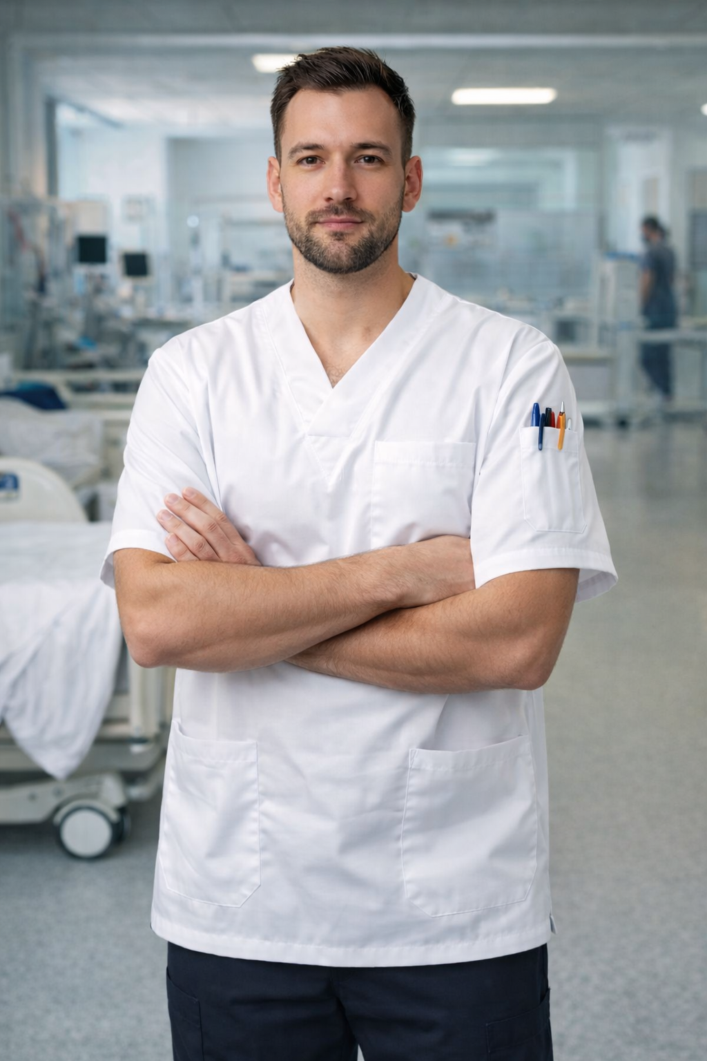 Modern hastane ortamında erkek scrubs takım, doktor scrubs üniforma
