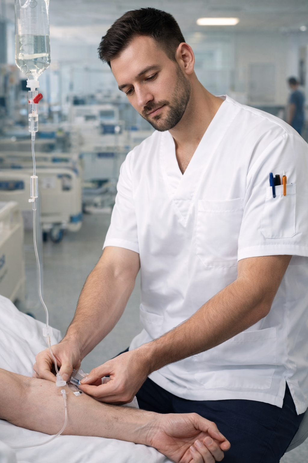 Erkek scrubs forma detaylı görünüm, hastane için şık scrubs modelleri