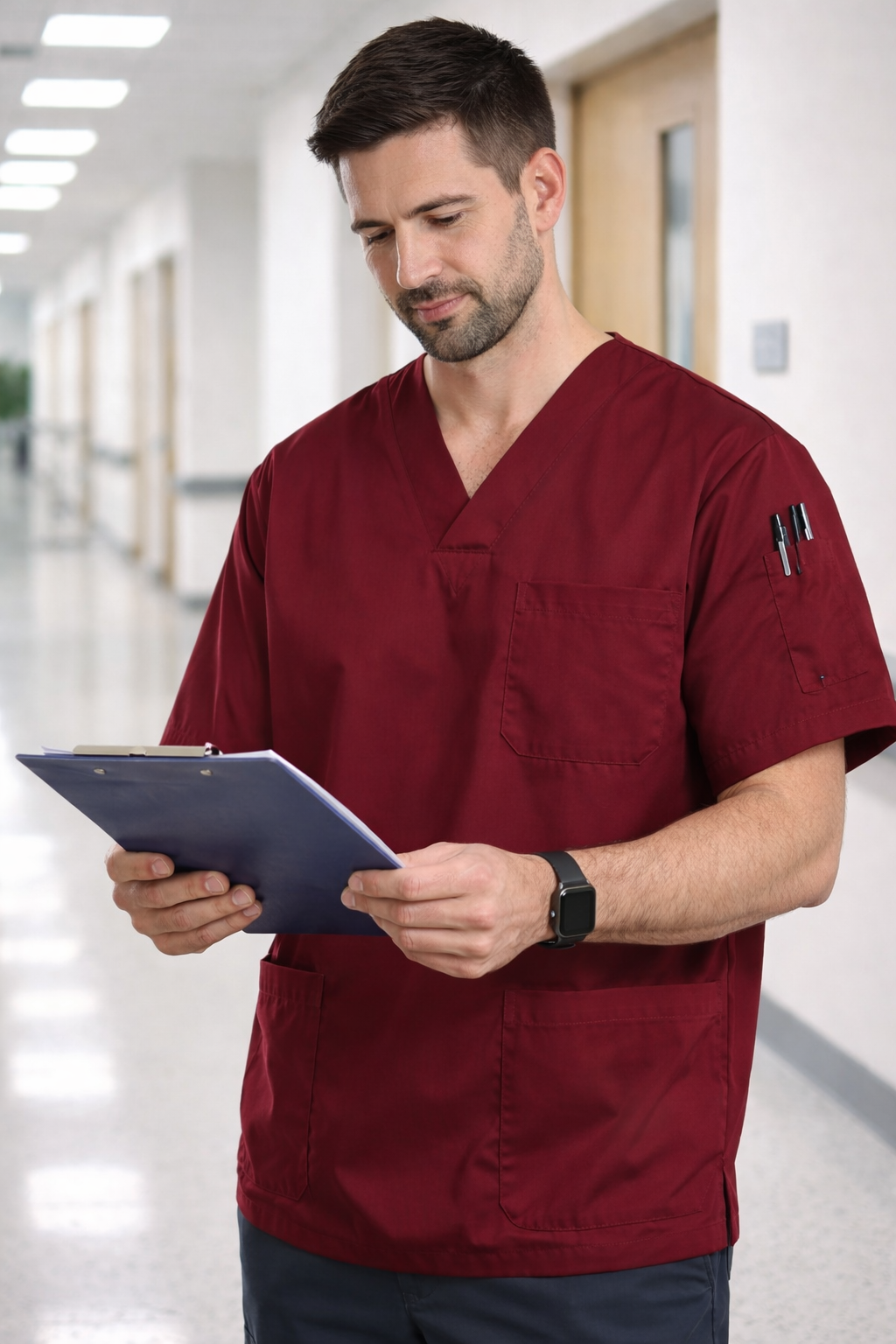 Bordo scrubs forma erkek, pamuklu cerrahi scrubs kıyafet