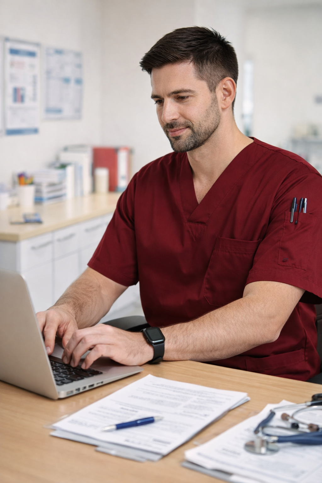 Doktor scrubs bordo, erkek scrubs modelleri rahat kesim üst