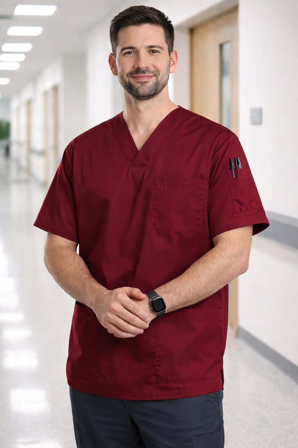 Bordo erkek scrubs forma, modern kesim doktor üniforma modeli