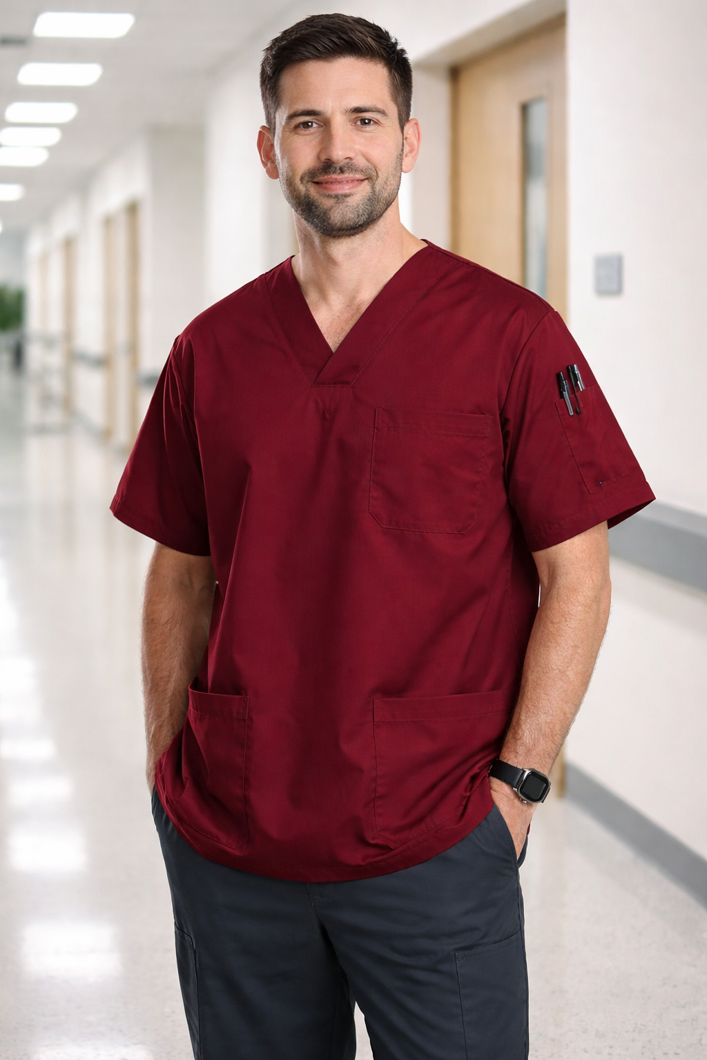 Erkek scrubs üst bordo renk, medikal uniform rahat ve şık tasarım