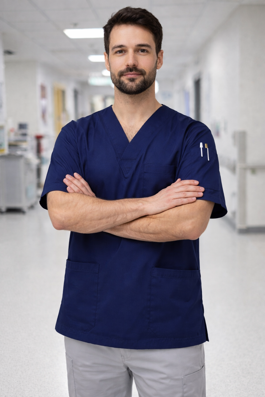Lacivert erkek scrubs forma modern hastane ortamında doktor üniforma modeli