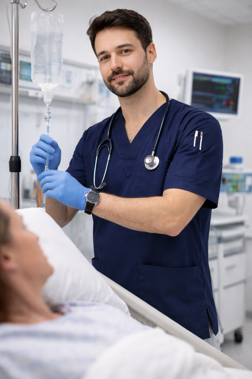 Lacivert scrubs üst erkek sağlık çalışanı için konforlu medikal kıyafet