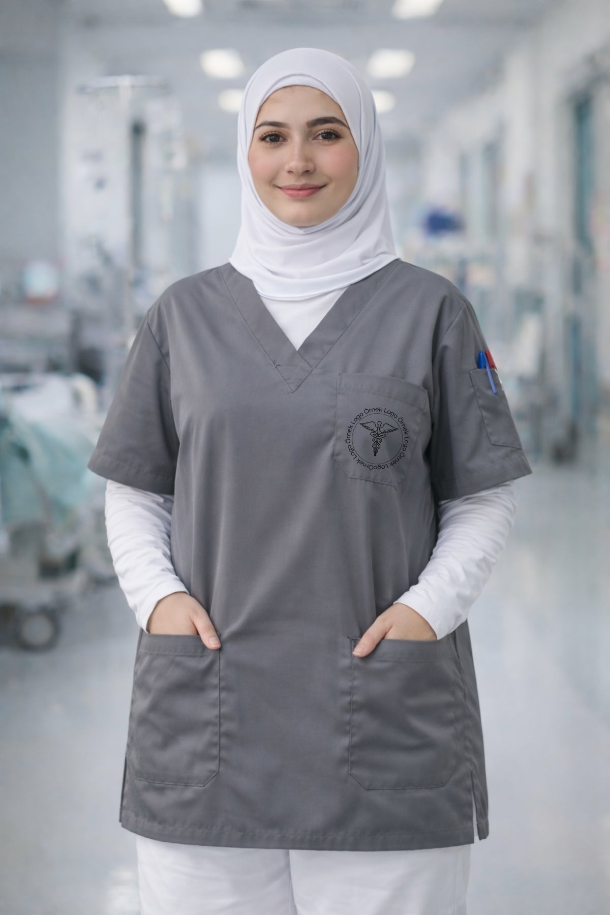 Kadın scrubs üst gri renk, pamuklu ve konforlu scrubs kıyafet, hastane ve klinik için ideal medical scrubs