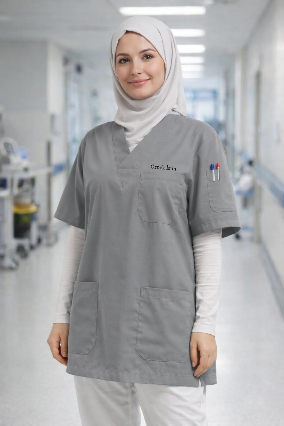 Tesettür uyumlu gri scrubs üst, rahat kesim kadın scrubs forma, medikal uniform ve cerrahi scrubs modeli