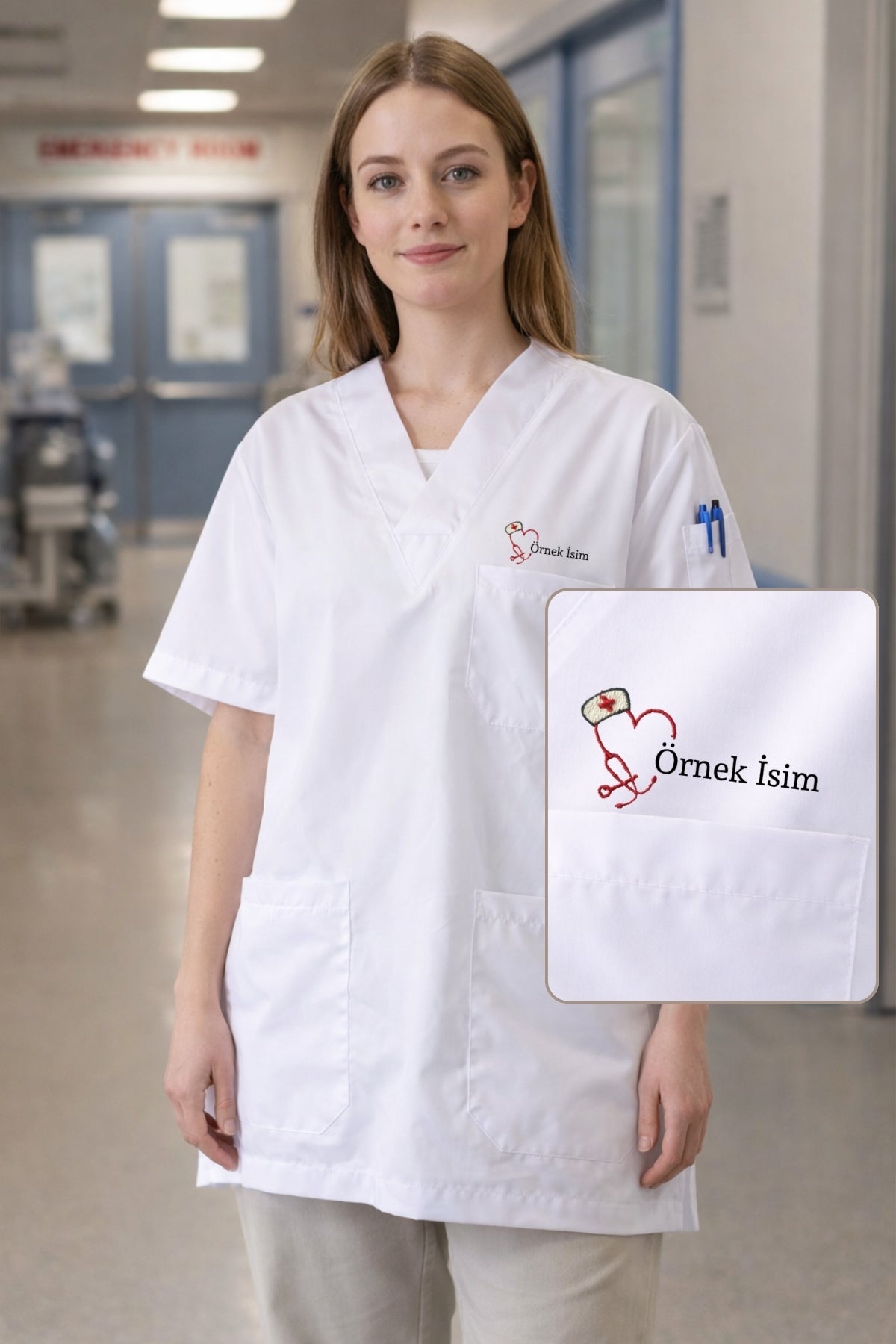 Tesettür uyumlu beyaz scrubs üst, rahat kesim medikal scrubs forma, doktor scrubs ve hemşire kıyafeti modeli